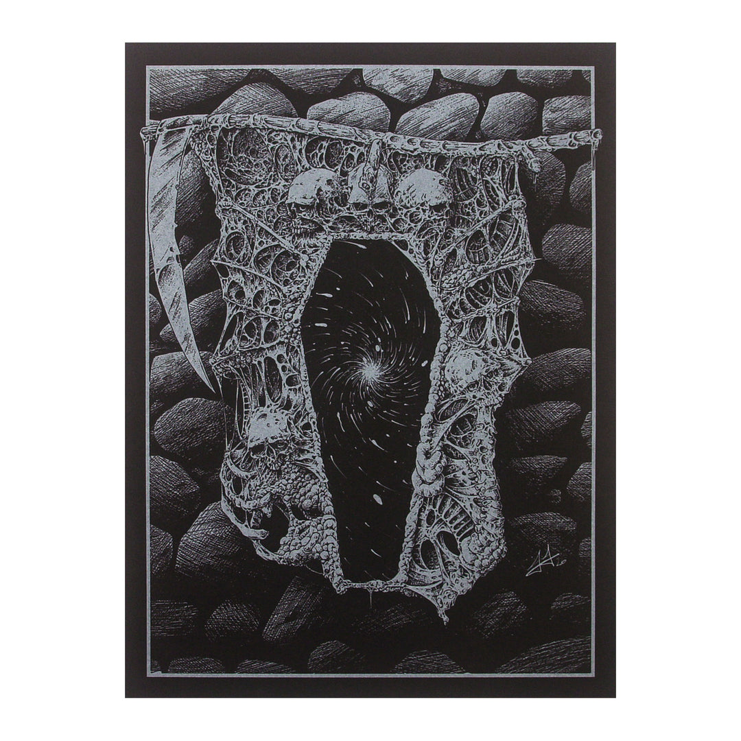 Surreal artwork of a cocoon-like structure with a swirling black void center, hanging against a stone wall background. Intricate web patterns and a scythe-like object are visible. Monochrome color scheme.