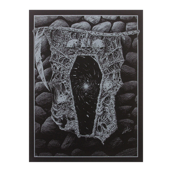 Surreal artwork of a cocoon-like structure with a swirling black void center, hanging against a stone wall background. Intricate web patterns and a scythe-like object are visible. Monochrome color scheme.