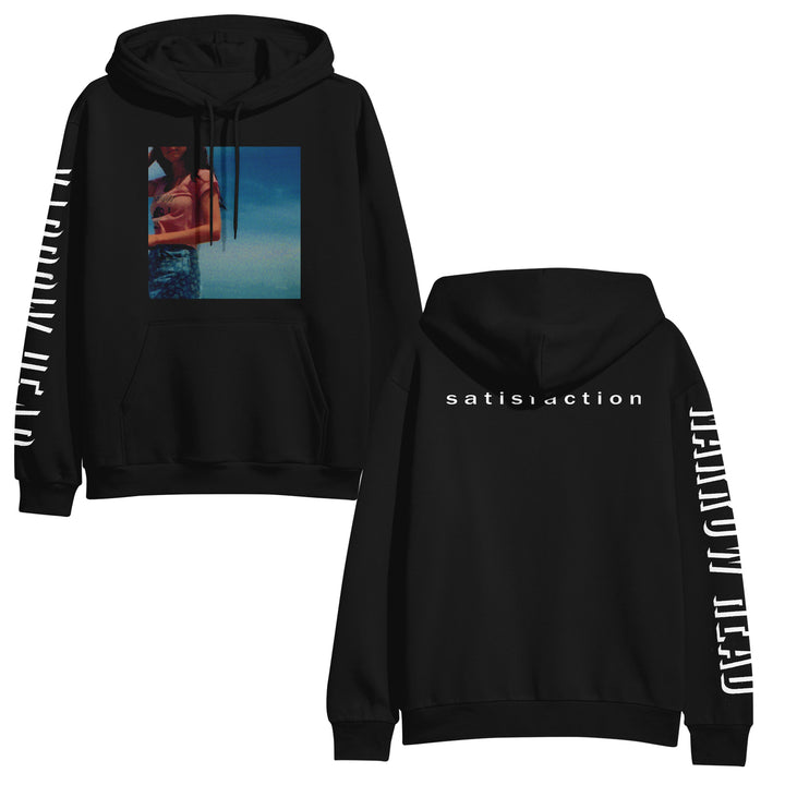 Narrow Head black hoodies made from soft ringspun cotton feature white text on the sleeves and back, a vibrant blue and orange photo on the front, and “satisfaction” in lowercase white letters printed on the back.
