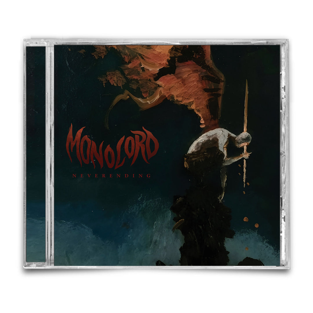 Oil painting on the Neverending CD cover depicting a figure holding a staff above dark, crashing waves.