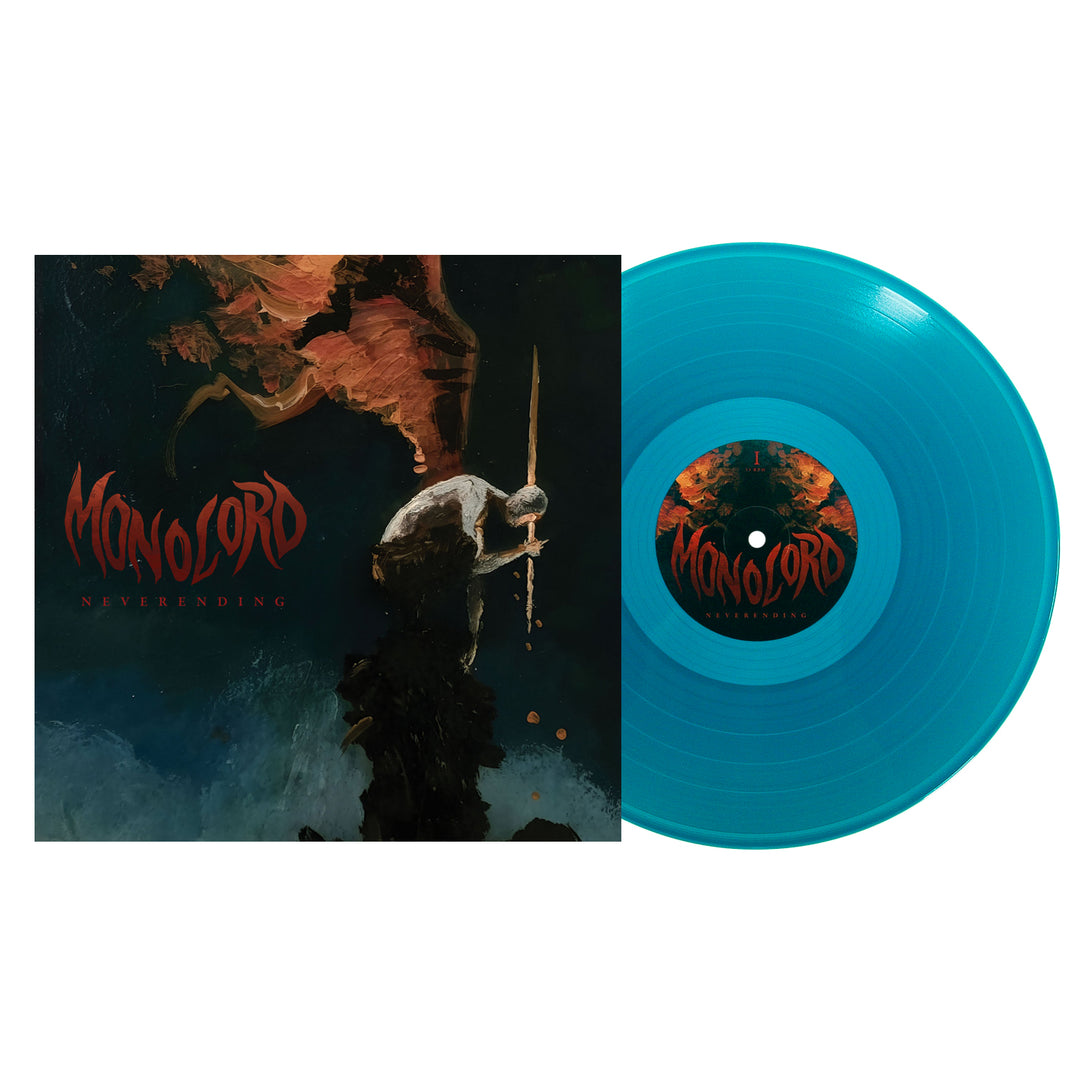 Monolords Neverending album cover artwork next to a translucent teal vinyl record.