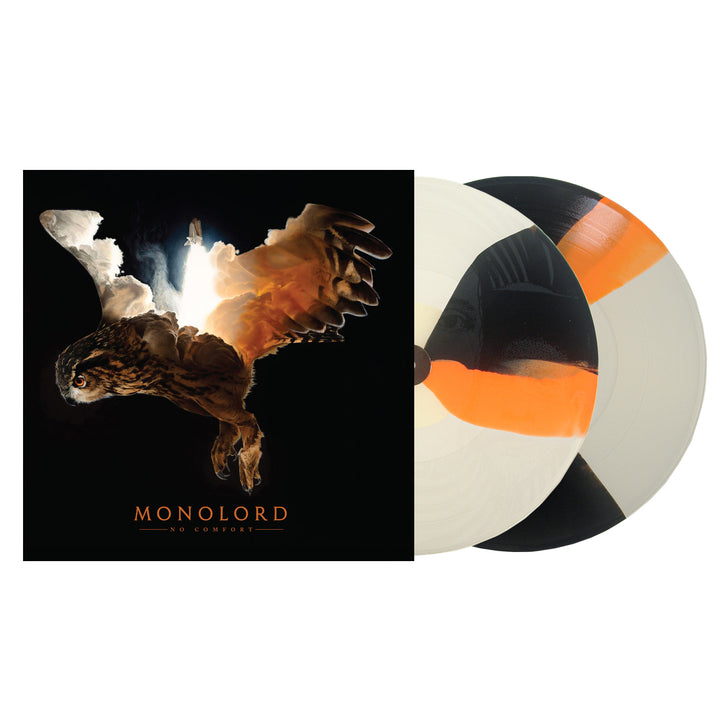 Monolord No Comfort vinyl album cover featuring an owl flying into a sunburst, with two matching Twist 2xLP records featuring a black, orange, and cream color pattern.