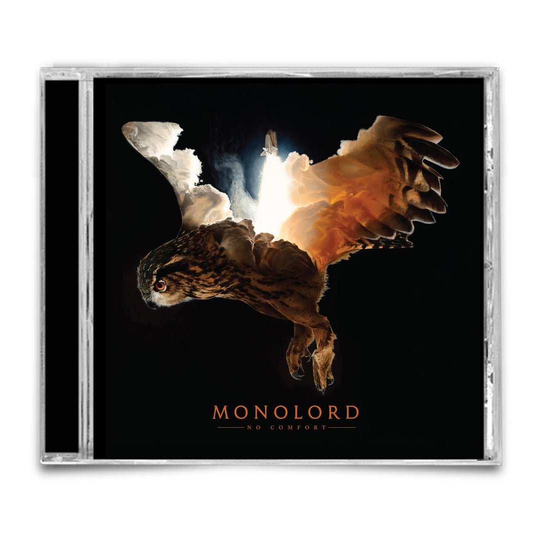 The No Comfort CD cover features an owl flying against a black background, with a space shuttle launch integrated into its wings.