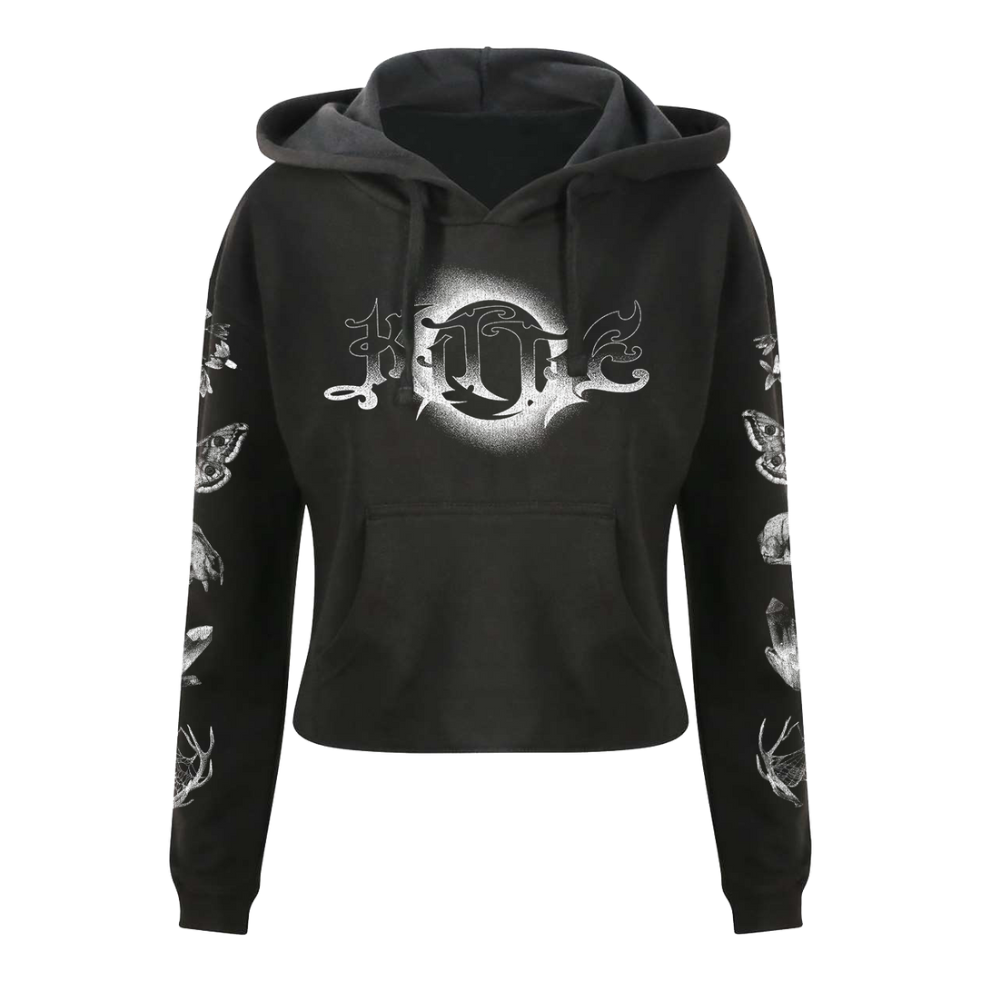 The Kittie women’s cropped hoodie in black features gothic-style white chest graphics, animal skulls on both sleeves, a front pocket, drawstring hood, and soft ringspun cotton construction.