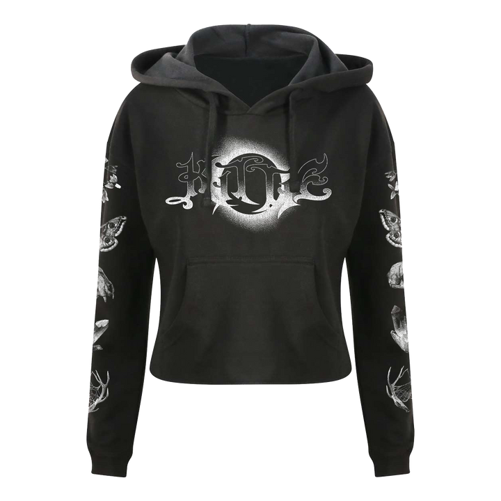 The Kittie women’s cropped hoodie in black features gothic-style white chest graphics, animal skulls on both sleeves, a front pocket, drawstring hood, and soft ringspun cotton construction.