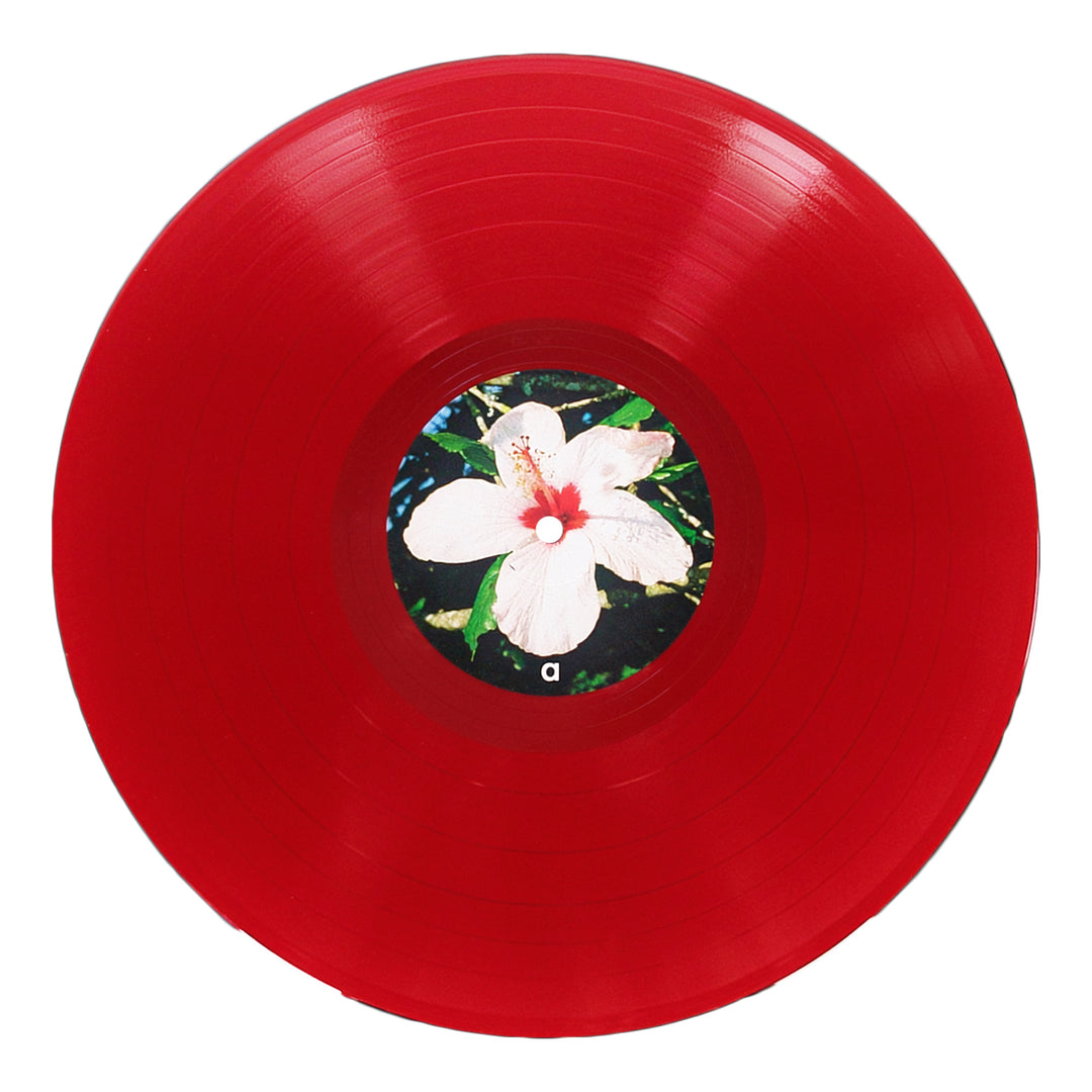 A red vinyl record by Alice Phoebe Lou, featuring a central label with a white hibiscus flower and green leaves, this Oblivion release also comes with a download code for digital access.