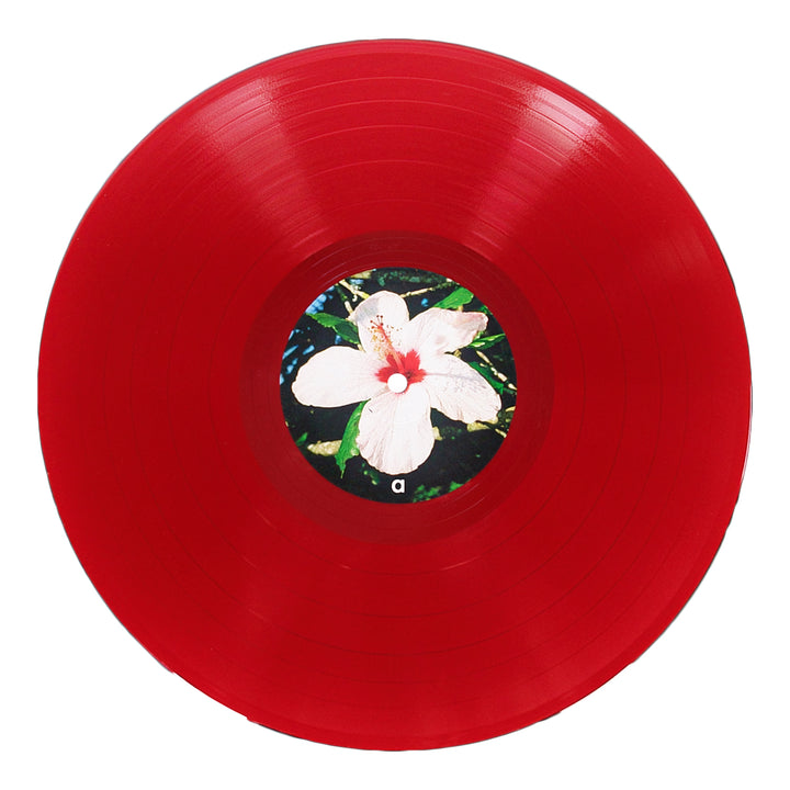 A red vinyl record by Alice Phoebe Lou, featuring a central label with a white hibiscus flower and green leaves, this Oblivion release also comes with a download code for digital access.
