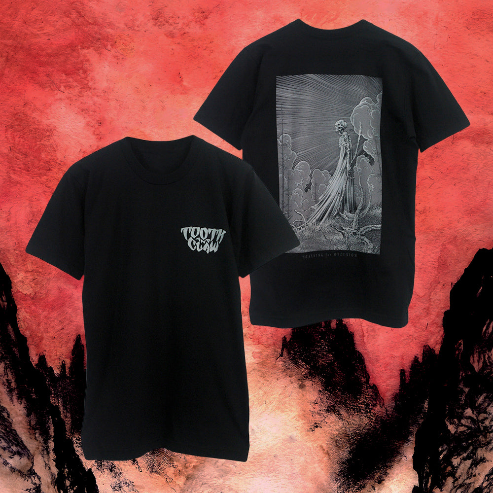 Two black Tooth And Claw T-shirts in soft ringspun cotton on a red and black textured background. The front features a small logo, while the back displays a large skeleton graphic. Both have comfortable baby rib collar detail.