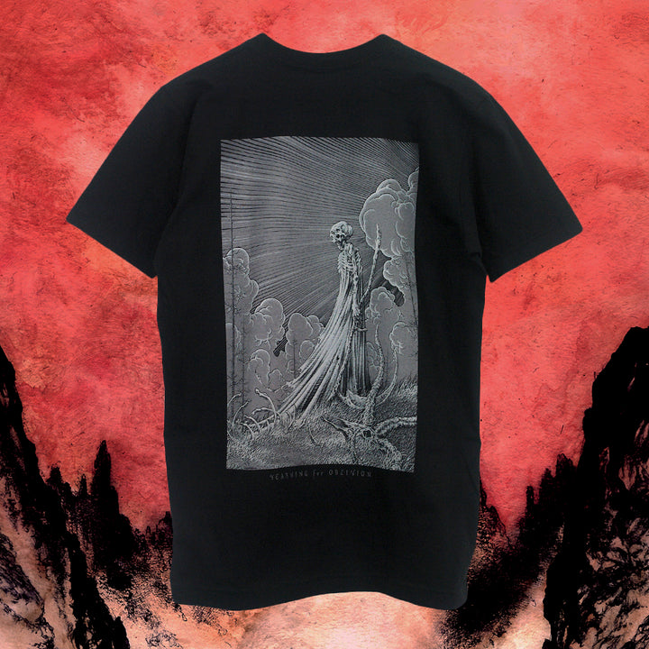 A black Tooth And Claw T-shirt made from soft ringspun cotton, showcasing a grayscale skeleton in flowing robes with clouds and rays, set against a bold red and black textured backdrop.