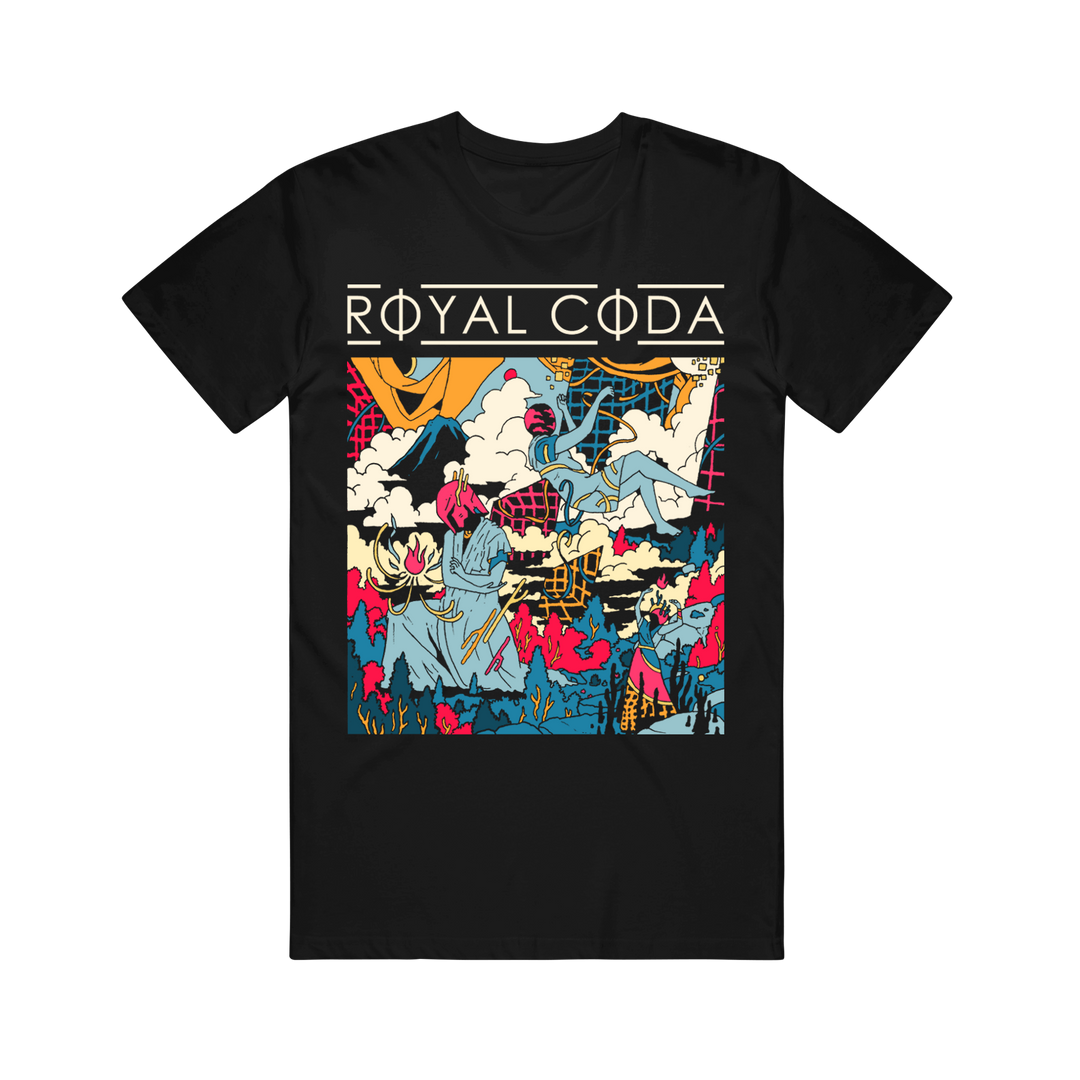 Black t-shirt from Royal Coda featuring colorful, abstract artwork with clouds, figures, and vibrant shapes. The brand name "Royal Coda" is prominently displayed at the top in bold, stylized letters.