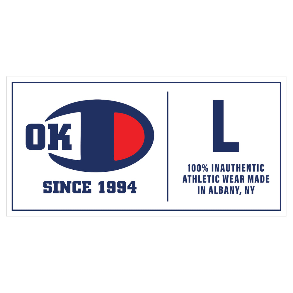 A white clothing label for One King Down features a blue and red logo, the text OKD, SINCE 1994, a large L, and "100% Inauthentic Athletic Wear Made in Albany, NY"—ideal for pro-style athletic knit jerseys.