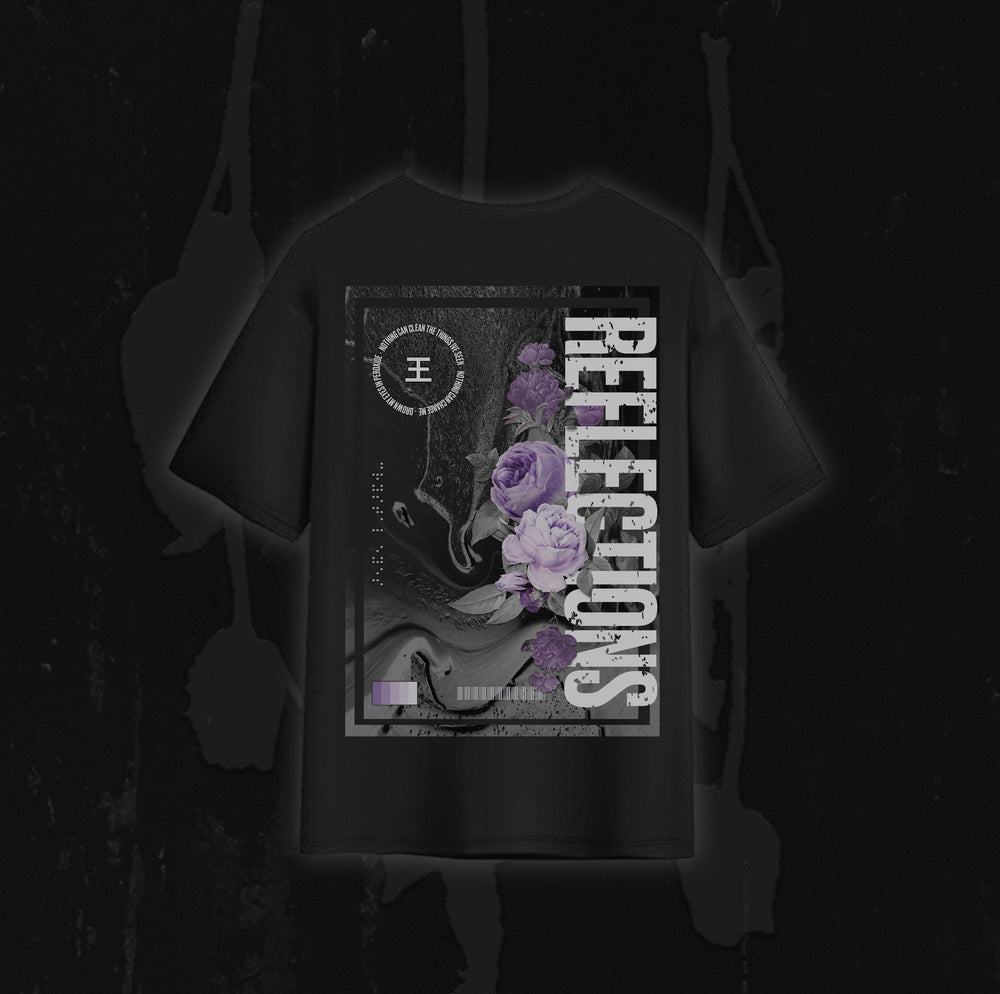 A black t-shirt from Reflections featuring a graphic design of purple roses, abstract patterns, and the word "REFLECTIONS" in bold white letters—ideal for fans of Crystal Eyes or collectors of digital downloads and instrumental versions.