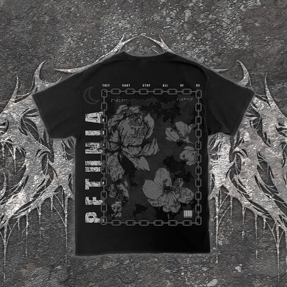 Black Petunia T-shirt featuring a graphic with floral illustrations, a chain border, and text reading THEY CANT STOP ALL OF US and PETUNIA.
