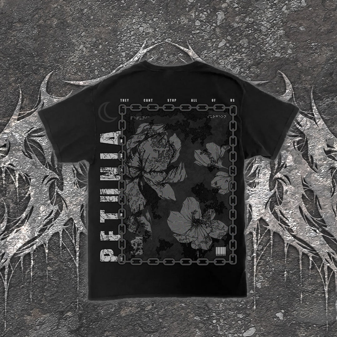 Black Petunia T-shirt featuring a graphic with floral illustrations, a chain border, and text reading THEY CANT STOP ALL OF US and PETUNIA.