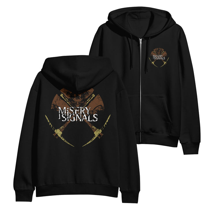 Misery Signals zip-up hoodie with the band name over two crossed axes on the back and a smaller front left chest design. Made from soft ring-spun cotton. Hoodie shown from both front and back.