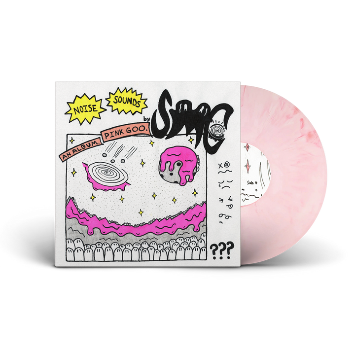 A Pink Marble Vinyl LP by Strawberry Milk Cult partially slides out of a sleeve with cartoonish pink gooey blobs in space, stars, and bold text reading "Pink Goo".
