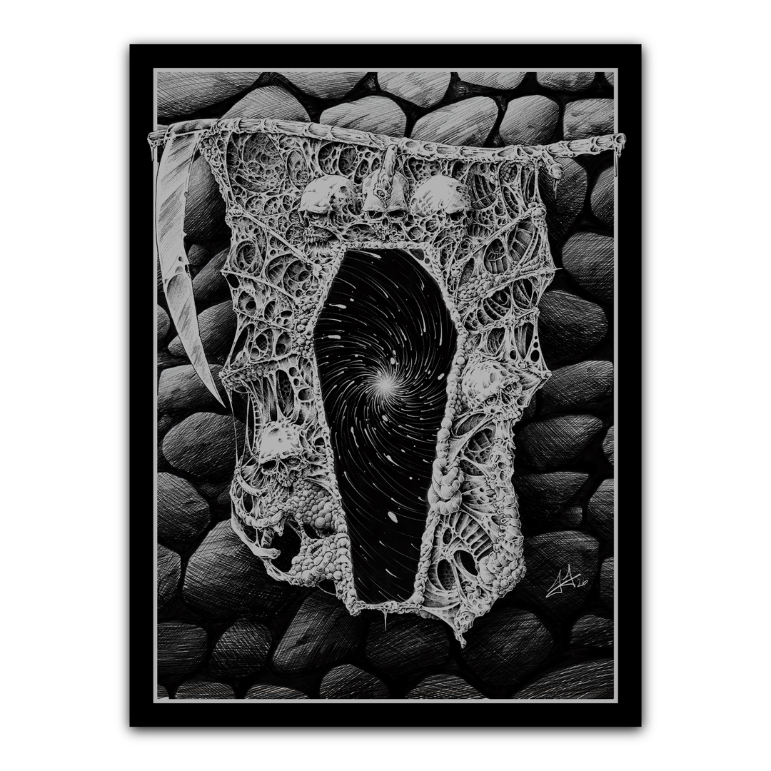 A surreal, web-like banner with a swirling black vortex center hangs against a stone wall, featuring skeletal shapes and organic textures in black and white.