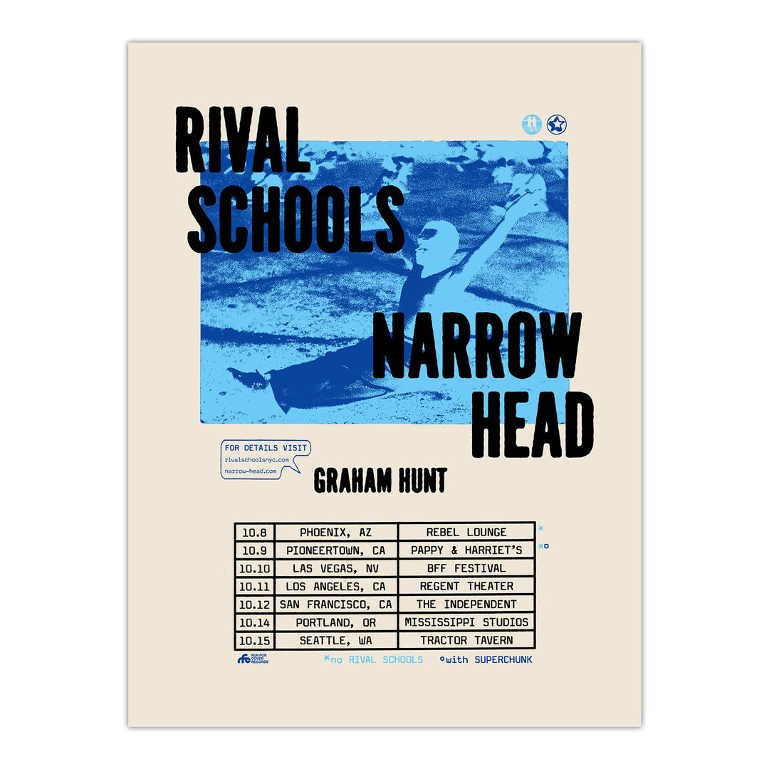 Rival Schools tour poster with bold blue abstract artwork, screen-printed for vibrancy. Featuring dates/locations for Phoenix, Pioneertown, Las Vegas, LA, San Francisco, Portland & Seattle. Ships in a secure poster tube.