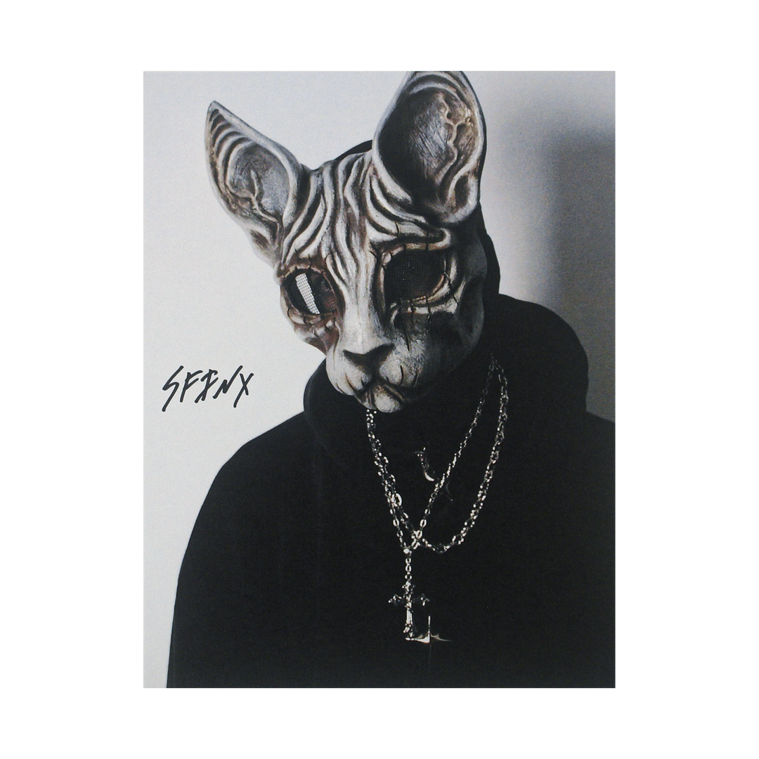 A person wearing a detailed sphynx cat mask, dressed in a dark hoodie with layered silver chains, stands against a plain background. The word SPHYNX is written in stylized text nearby.