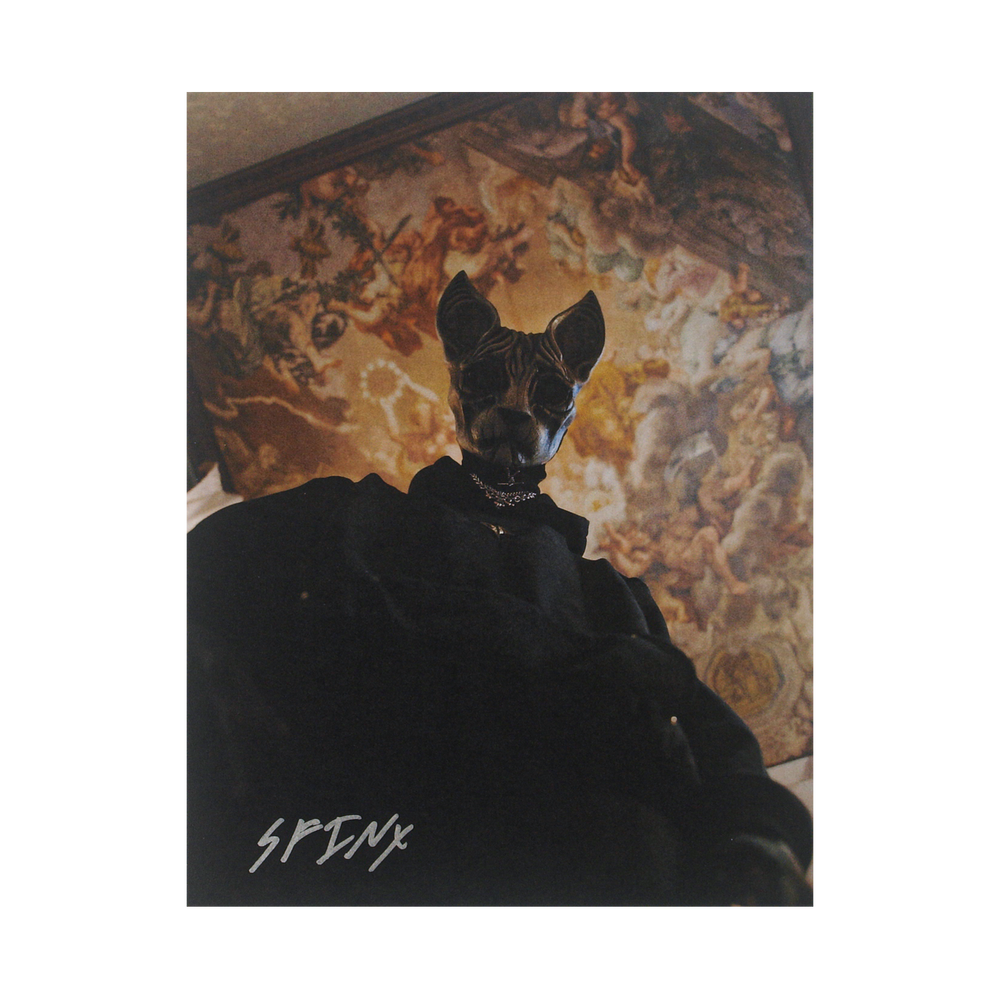 A person wearing a black Sphynx cat mask and dark clothing stands under a detailed, colorful ceiling mural. The word SPINX is written at the bottom left of the image.