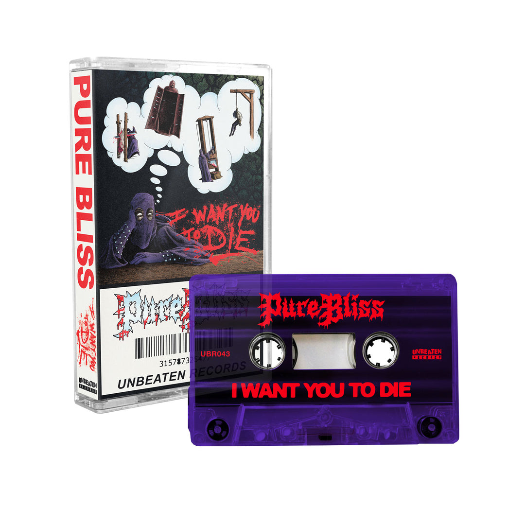 A purple Pure Bliss cassette labeled "I Want You To Die" rests beside its case, which displays gothic art, red jagged text, and a hooded figure imagining torture devices. The tracklist references The Acacia Strain.