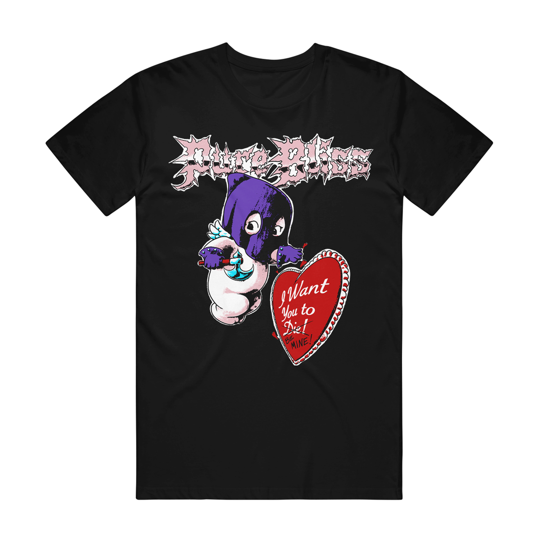 Black T-shirt by Pure Bliss with a cartoon ghost in a purple hood holding a red heart, "I Want You to Die! xoxo" and "Future Bliss" above. Preorder now to reserve yours before shipping starts!.