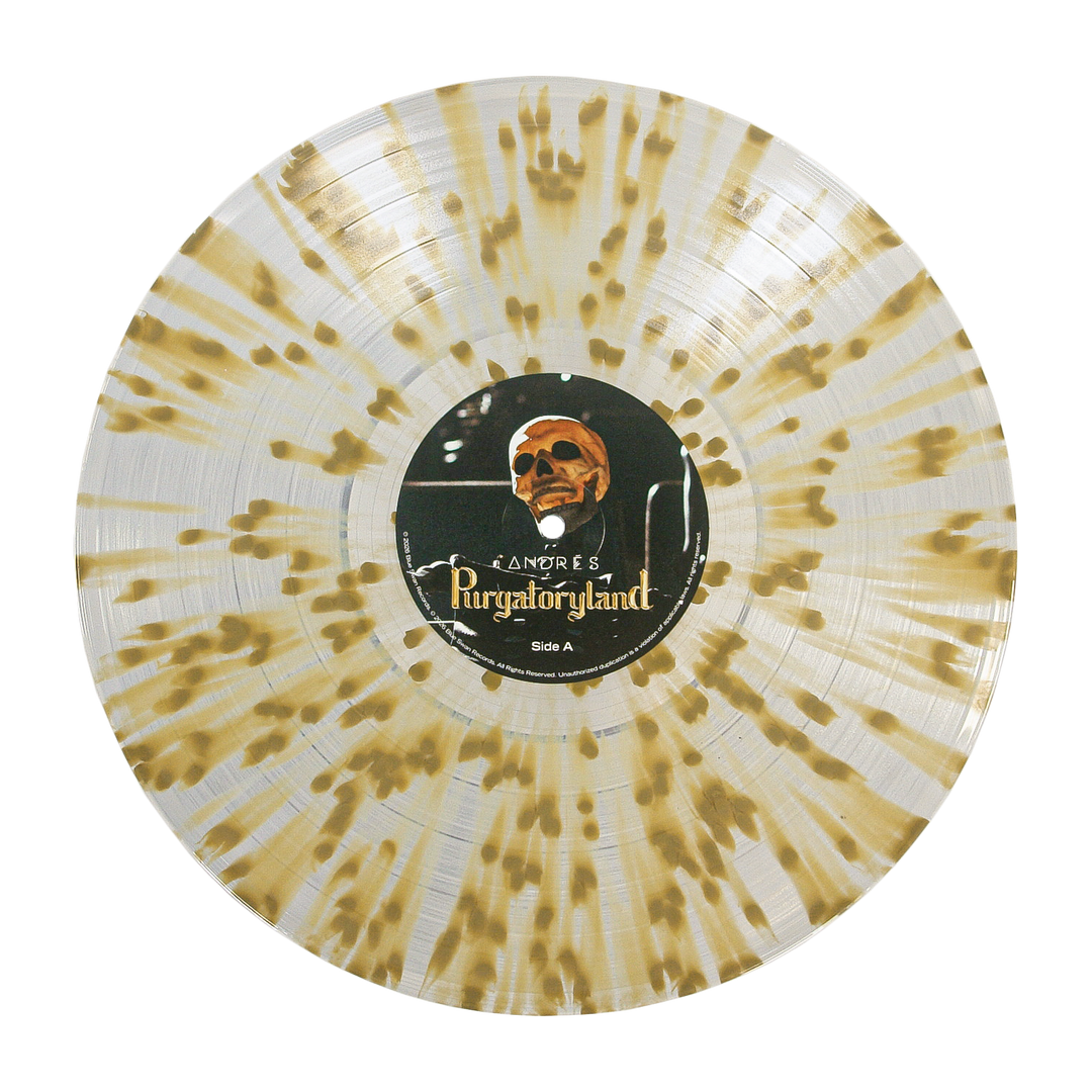 A clear vinyl record from Andrés with gold splatter, featuring a skull center label with "Purgatoryland," "SAnore," and Side A—this striking limited edition comes from the Purgatoryland album.