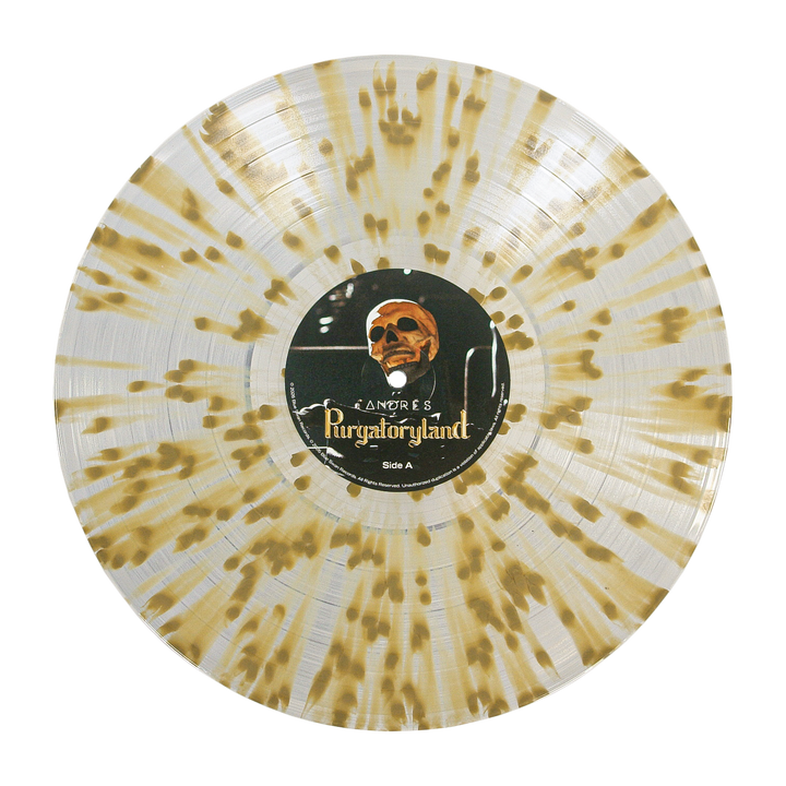 A clear vinyl record from Andrés with gold splatter, featuring a skull center label with "Purgatoryland," "SAnore," and Side A—this striking limited edition comes from the Purgatoryland album.