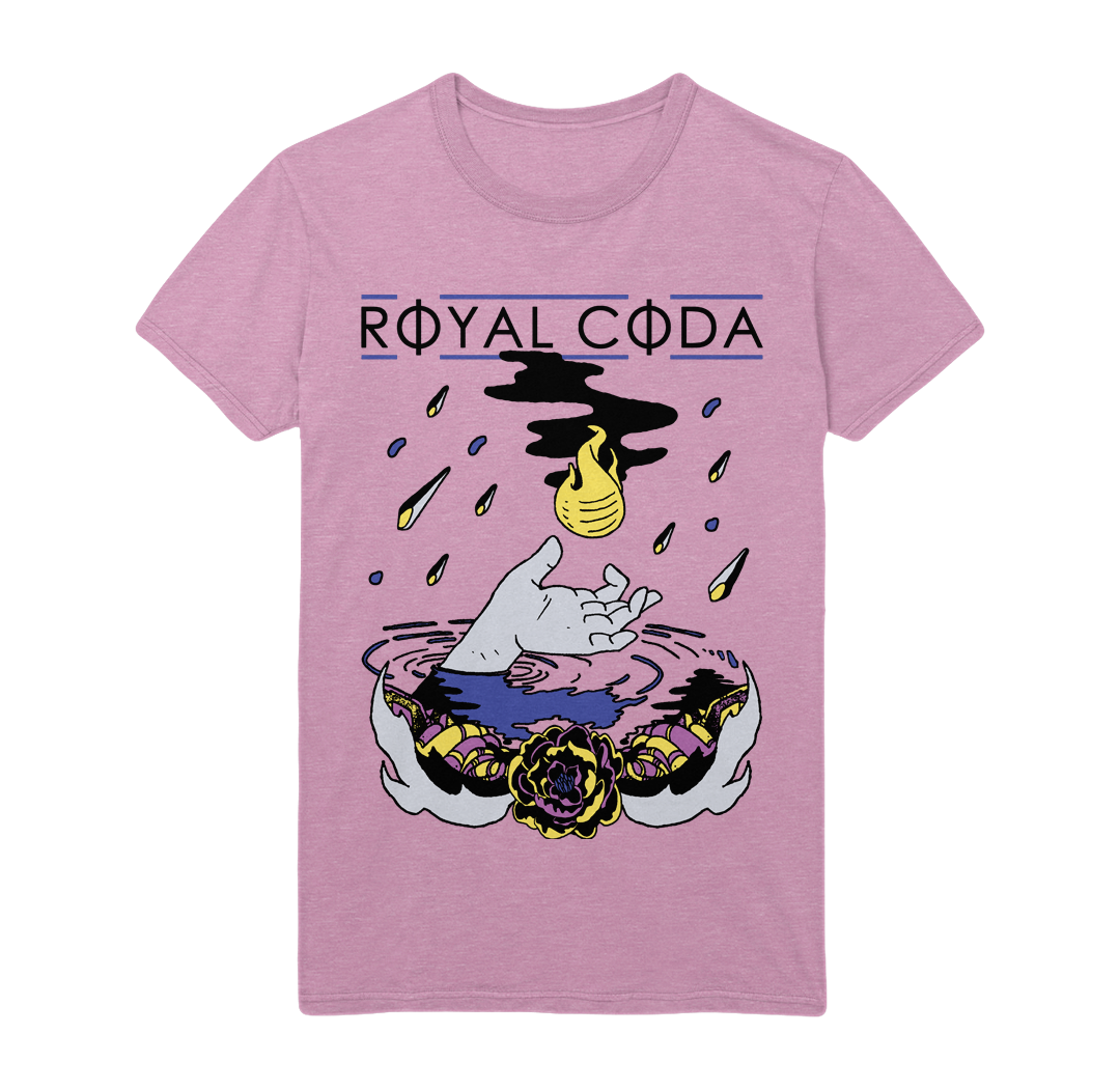 The Royal Coda Hand Flame Pink T-Shirt features “ROYAL CODA” above an image of a hand rising from water, reaching for a yellow flame among black smoke and droplets, with flowers framing the dramatic scene.