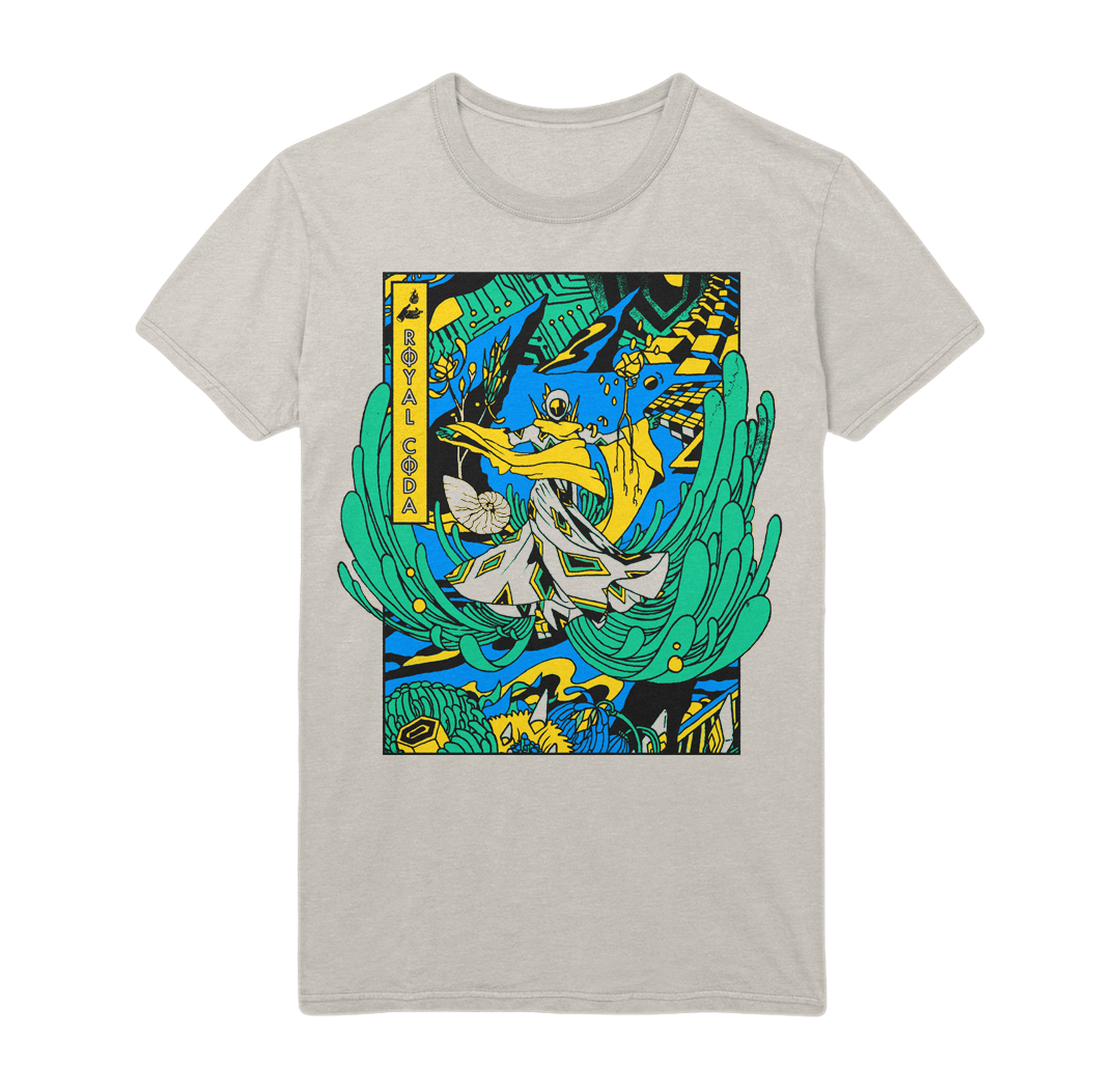 Light gray Rectangle White T-Shirt from Royal Coda with a vibrant, abstract design of dynamic waves, fish, and geometric shapes inspired by Element Bending. Features the text ROYAL LOBSA on the left side.