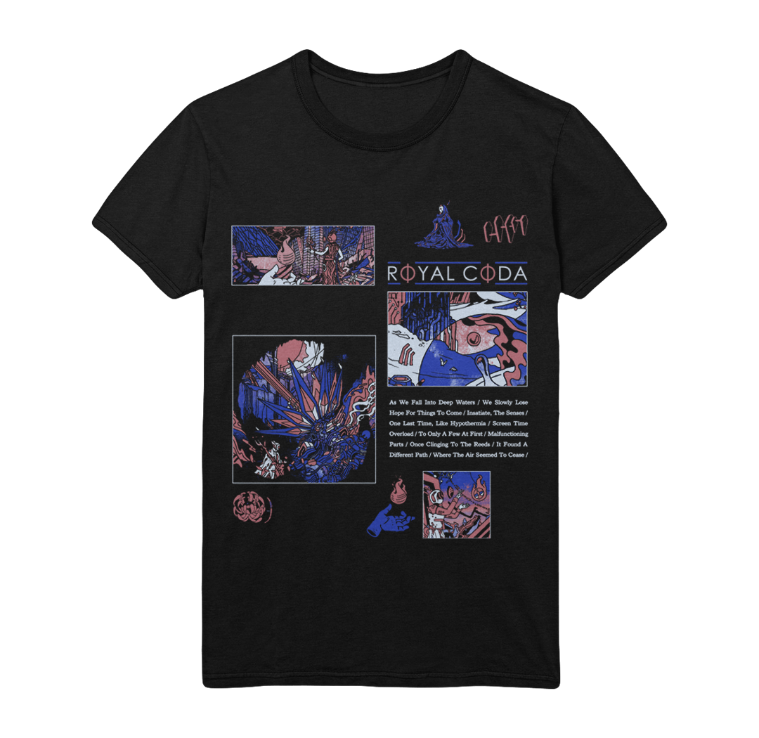 Black T-shirt by Royal Coda featuring a bold comic-style collage in purple, blue, and red, with the band’s name and song titles printed on the front.