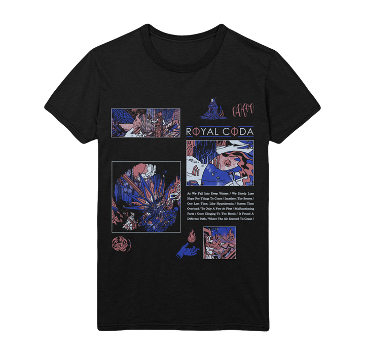 Black T-shirt by Royal Coda featuring a bold comic-style collage in purple, blue, and red, with the band’s name and song titles printed on the front.