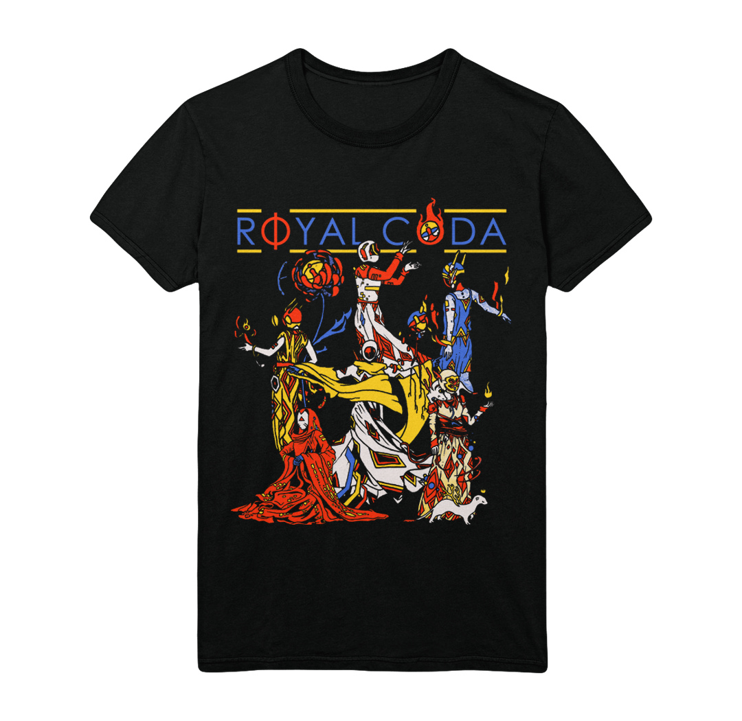Royal Coda black graphic tee features stylized Coda characters, flames, a red-robed figure, and bold yellow and blue "ROYAL CODA" text across the top.