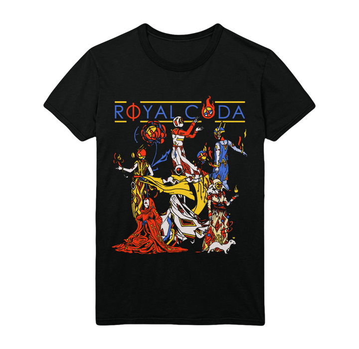 Royal Coda black graphic tee features stylized Coda characters, flames, a red-robed figure, and bold yellow and blue "ROYAL CODA" text across the top.
