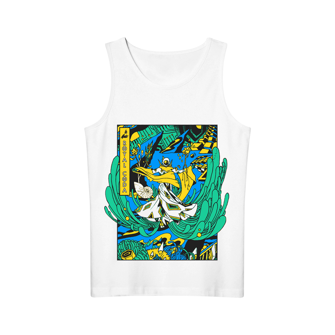 Royal Coda White Rectangle Tank Top with a vibrant abstract graphic of a figure surfing green waves, accented by bold blue, yellow, and green shapes. Features “A SODA SODA” text on the left side for an Element Bending vibe.