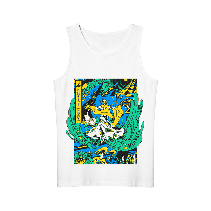 Royal Coda White Rectangle Tank Top with a vibrant abstract graphic of a figure surfing green waves, accented by bold blue, yellow, and green shapes. Features “A SODA SODA” text on the left side for an Element Bending vibe.