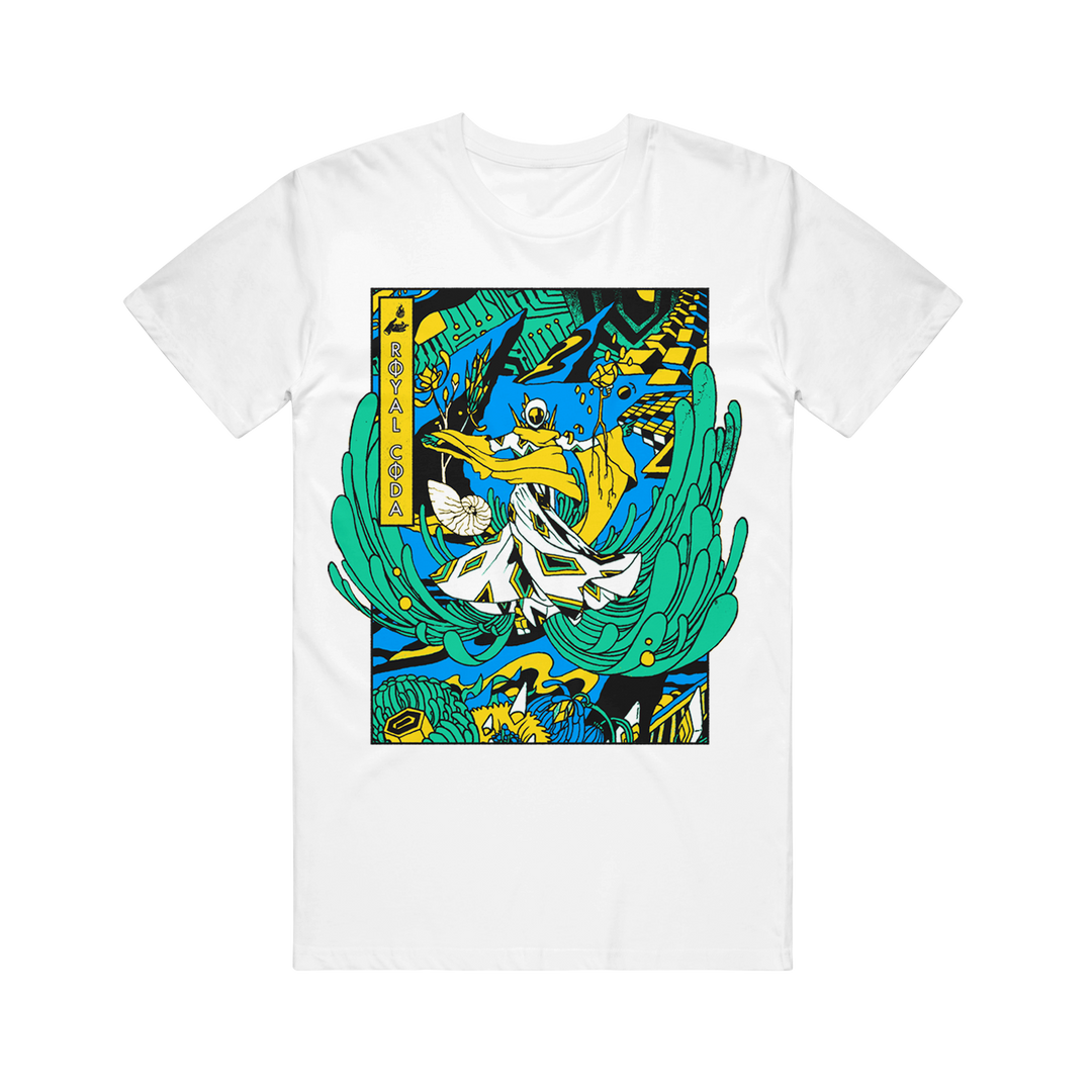 White T-shirt featuring a colorful, stylized graphic of a humanoid figure surfing on abstract green waves with blue and yellow accents. Text on the left reads ROYAL SODA in capital letters. Crafted from 100% airlume combed cotton for superior comfort and available in unisex sizing, this Bella + Canvas T-Shirt is perfect for anyone looking to add vibrant style to their wardrobe.