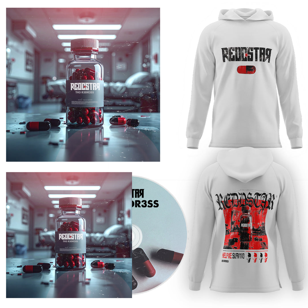 A REDDSTAR promo set featuring an Album Art White Pullover, TH3 R3DR3SS CD, red/black capsules in a pill bottle, and a blurred hospital room backdrop—all with the “REDD3STR3” clinical theme. Includes full album digital download.