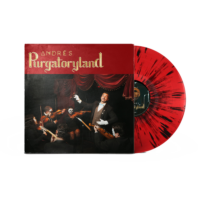 Andrés releases a limited edition Purgatoryland vinyl with a red and black splatter design. The cover depicts a man conducting a string quartet, some in theatrical makeup, on stage before bold red curtains.