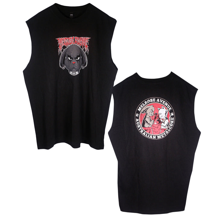 Front and back of a black sleeveless Melrose Avenue shirt. The front shows a dog’s face under a red logo. The back has a circular design with a dog, person, and the text “Melrose Avenue Australian Metalcore.”.