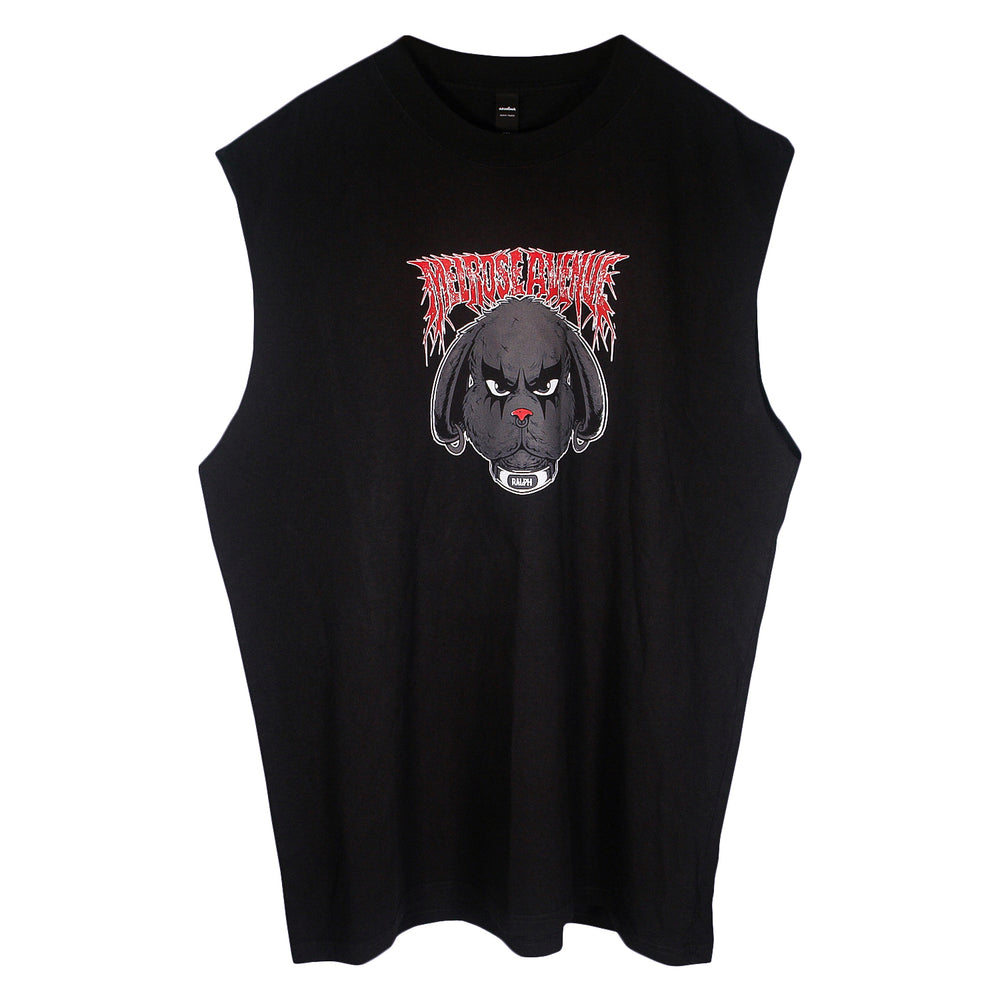 Melrose Avenue sleeveless black t-shirt with an illustration of an angry black dog featuring red eyes and nose, plus bold red and white text above the dogs head.