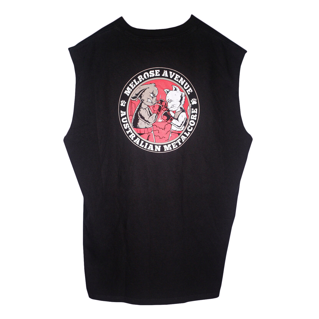 Black sleeveless shirt by Melrose Avenue featuring a circular logo of two illustrated boxing kangaroos with red gloves over a red background on the back. The logo is encircled by Melrose Avenue Australian Metalcore text.