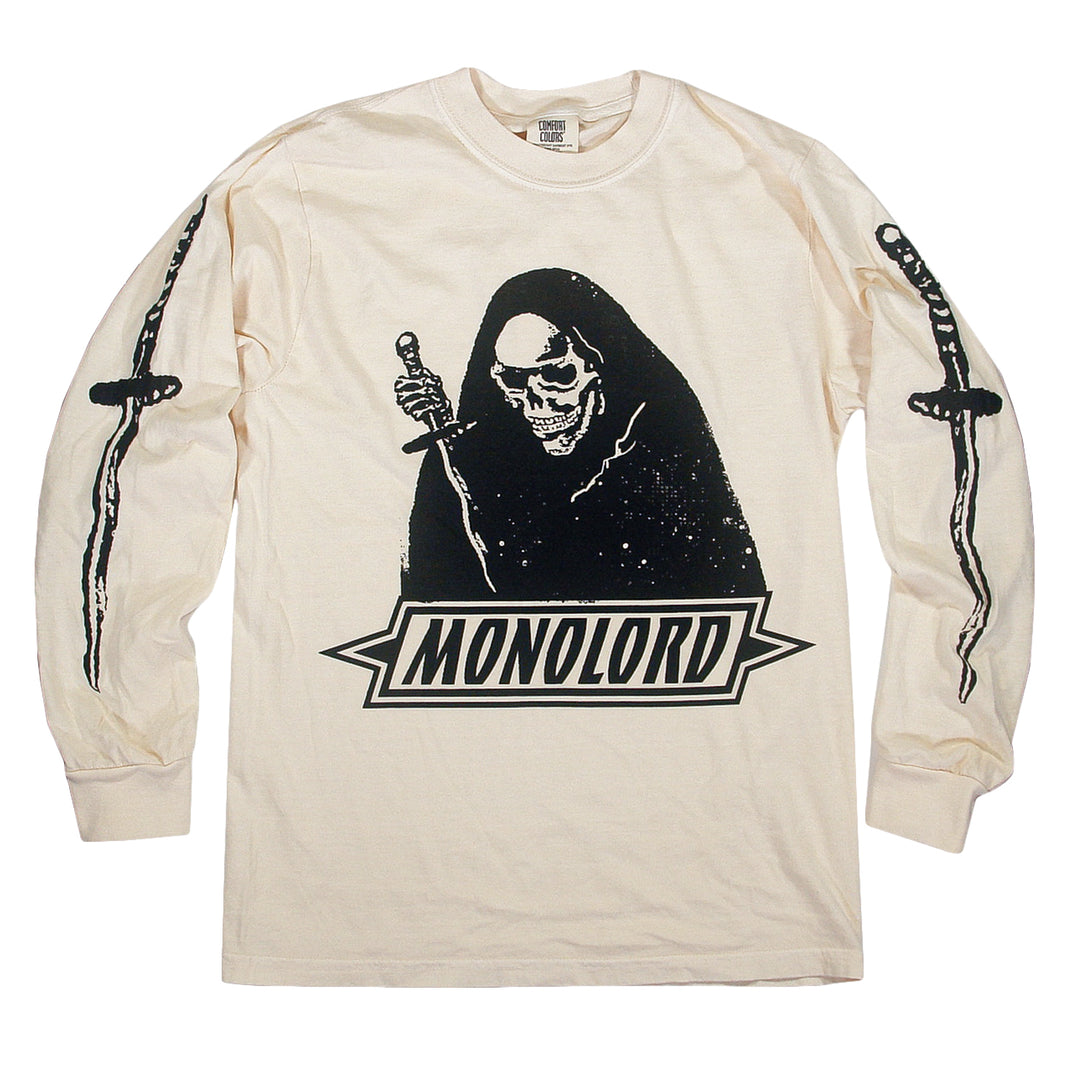 Off-white, garment-dyed ring spun cotton long-sleeve shirt featuring a grim reaper holding a dagger, the word MONOLORD in a banner, and dagger illustrations on the sleeves.
