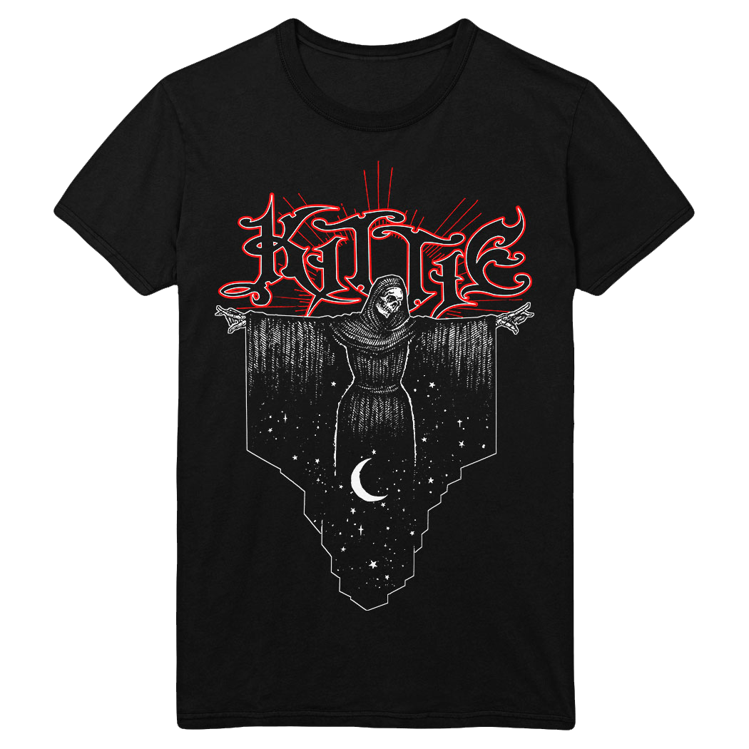 A black Kittie Comfort Colors T-shirt with "KITTIE" in red, stylized letters above a hooded figure with outstretched arms, stars, and a crescent moon. Made from garment-dyed, ring-spun cotton for softness.
