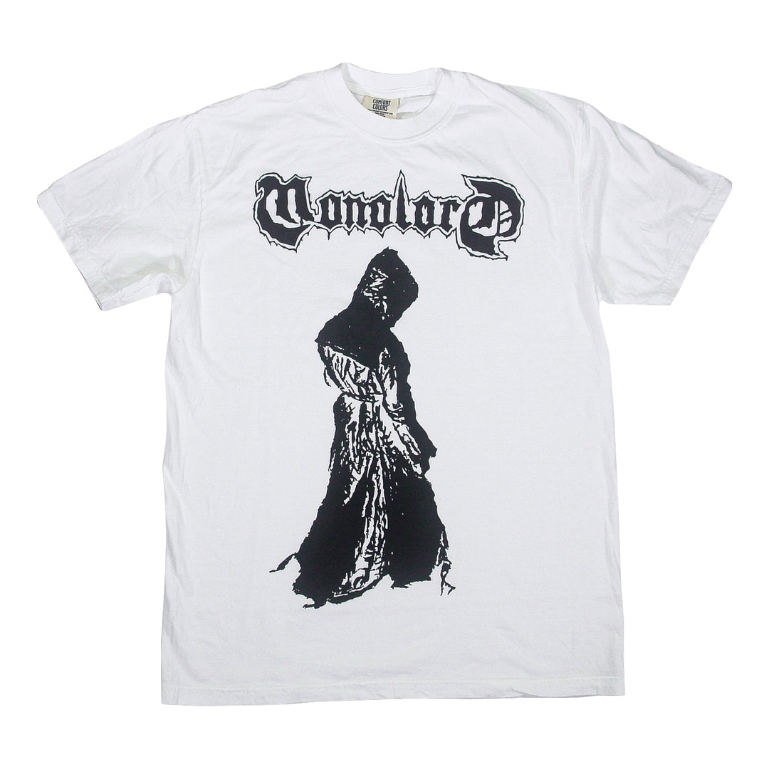 White garment-dyed t-shirt featuring a black Monolord logo above a graphic of a hooded figure in a robe.