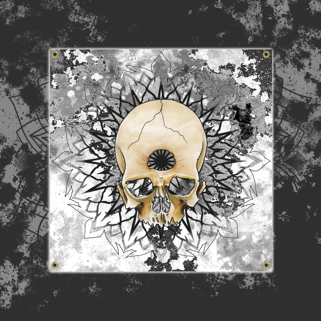 An illustration of a human skull with a circular symbol on its forehead set against an abstract black-and-white background with geometric patterns from Reflections—ideal as a bold 4x4 banner or unique personalized decor.