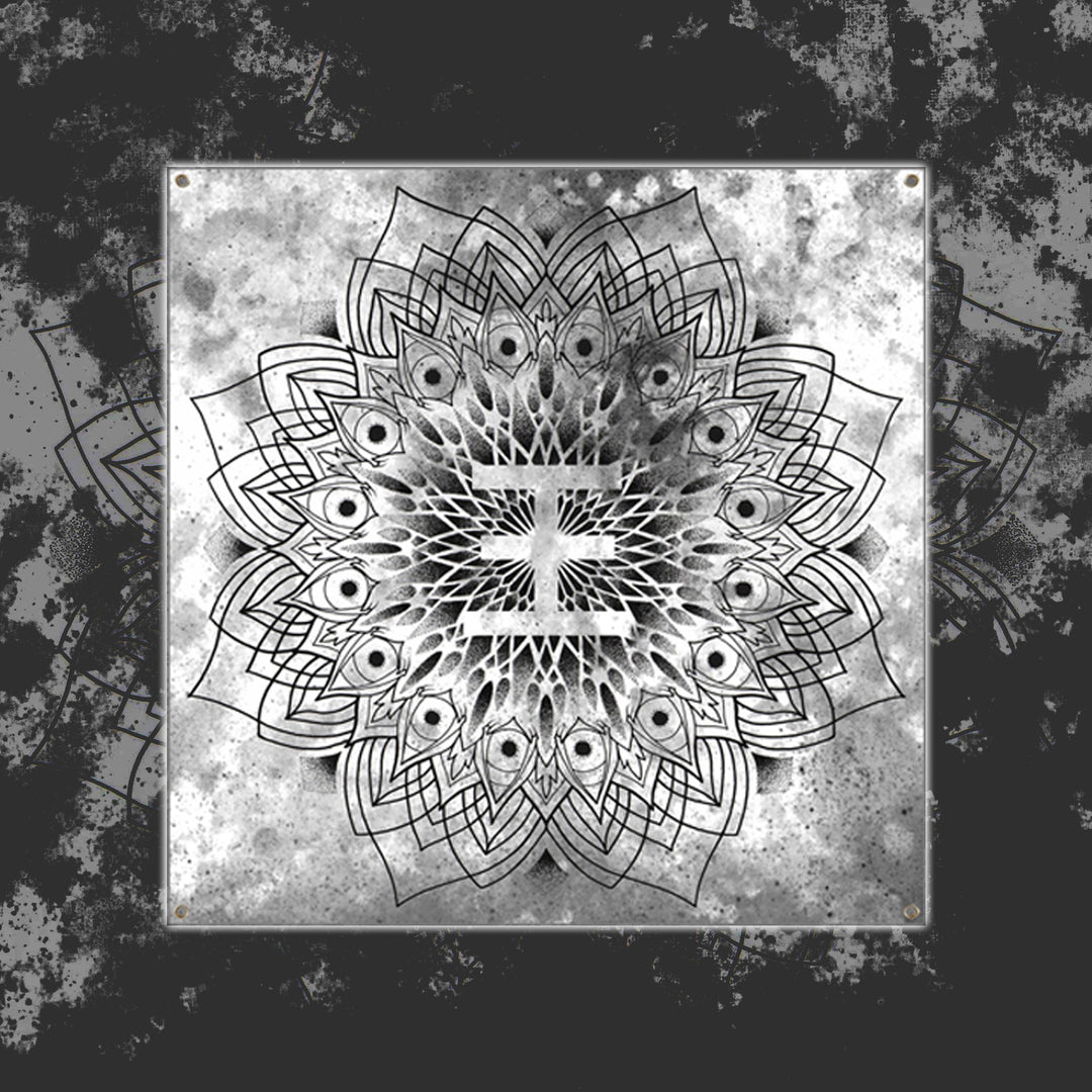 Reflections 5x5 banner featuring a black and white mandala with symmetrical, eye-like patterns on a textured grunge background and radiating geometric lines—ideal for custom decor.