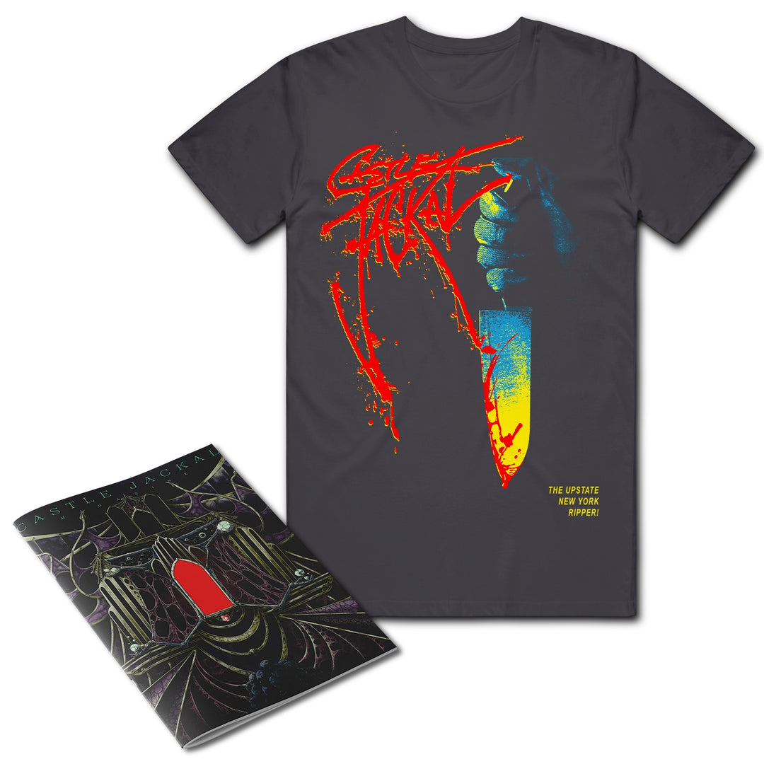 The Castle Jackal Graphite Comfort Colors T-shirt showcases a red and yellow knife-hand graphic, paired with a dark horror comic book featuring a bold red rectangle cover—both perfect for adding striking, chilling energy to your collection.