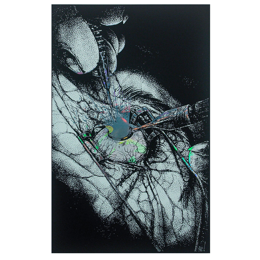 A detailed, high-contrast Castle Jackal illustration shows a close-up of an eye surgery, with medical tools and colorful lines accenting the procedure—ideal for safe poster storage in a poster tube.