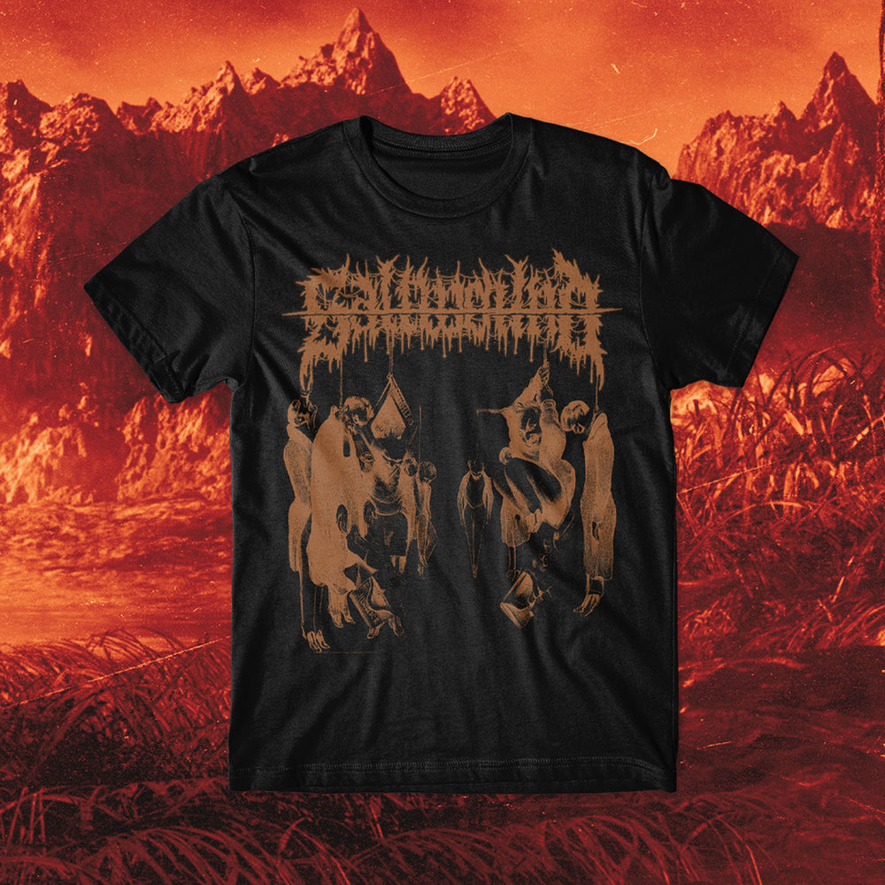 Saltwound presents a black, relaxed fit 100% cotton t-shirt with an orange abstract design and unreadable spiky band logo, set against a fiery red landscape of rugged mountains and tangled grass.